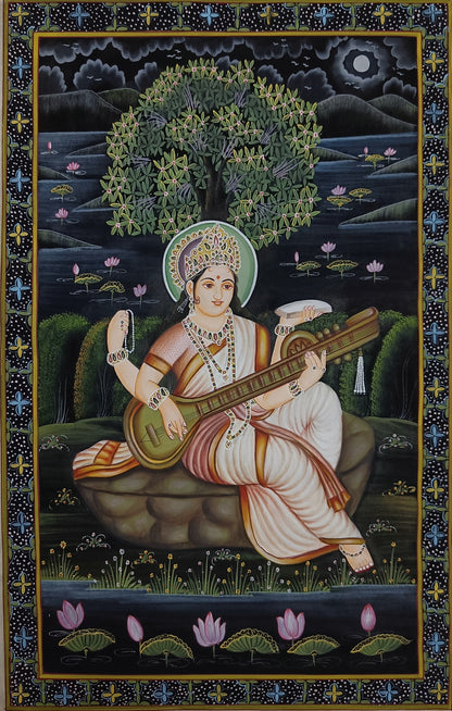 Lord Maa Saraswati Silk Art Work Wall Decor