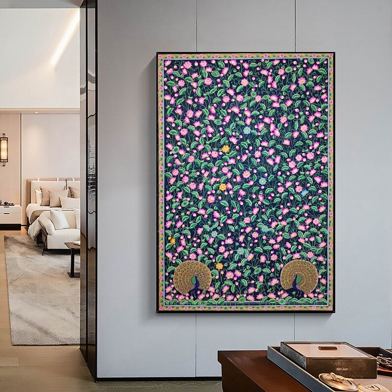 Lotus Flower & leafs with two Peacock Pichwai Painting | 6x 4 feet