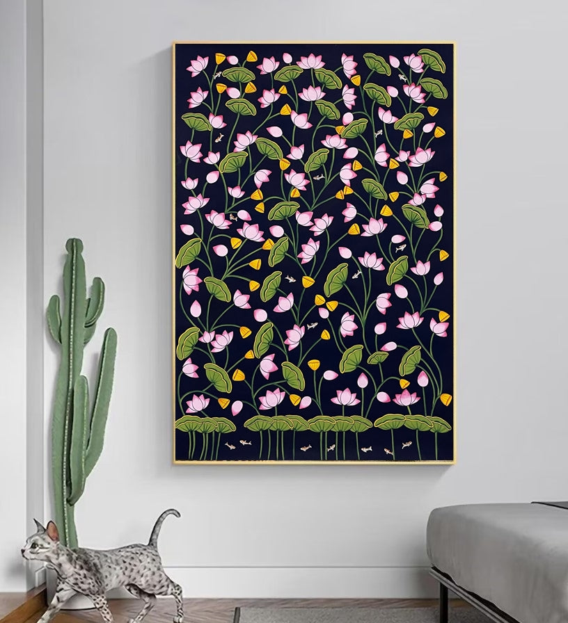 Kamal Talai Pichwai Artwork Hand Made Painting Home Decor Pink Flowers