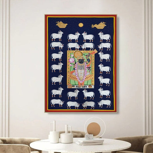 Shree Nath JI Artwork with Blue Background And Multiple Cows Wall Hanging