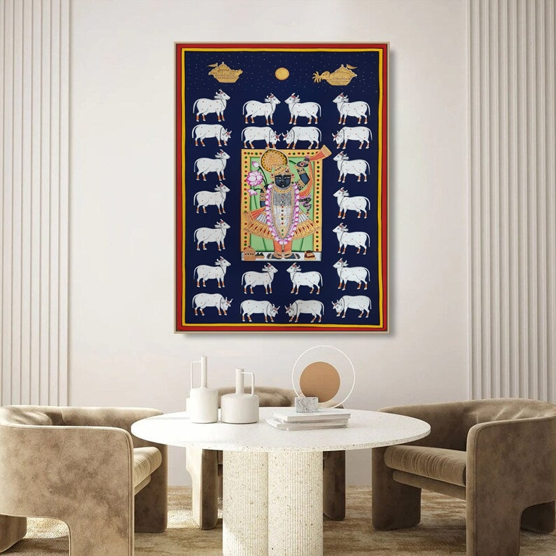 Shree Nath JI Artwork with Blue Background And Multiple Cows Wall Hanging