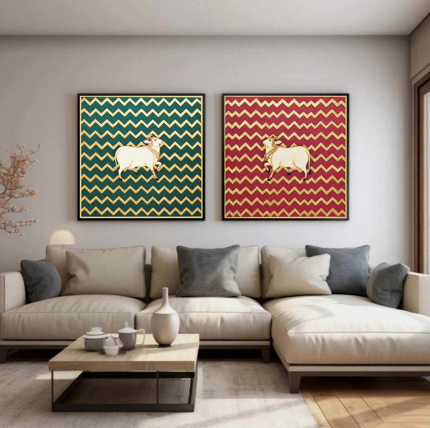 Set of 2 Cow Artwork Pichwai Wall Painting for Living Room Home Decor