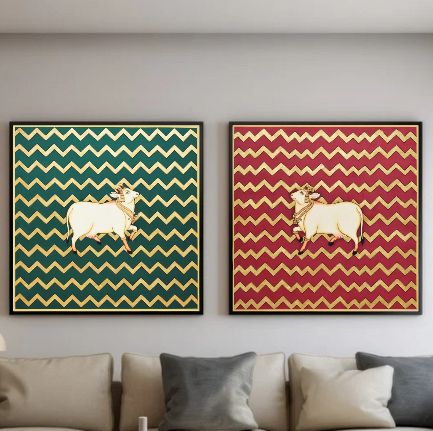 Set of 2 Cow Artwork Pichwai Wall Painting for Living Room Home Decor