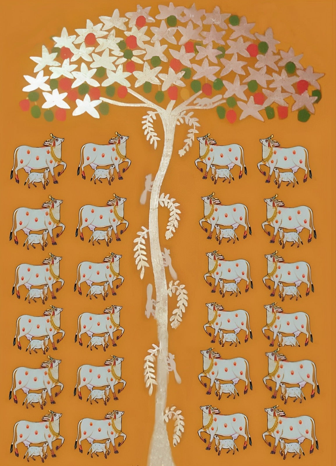 Pichwai Artwork Golden Tree with lots of cow Hand Printed Painting 36"x48"IN