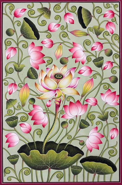 Kamal Talai Lotus Flower Artwork Hand Printed Painting Set of 2