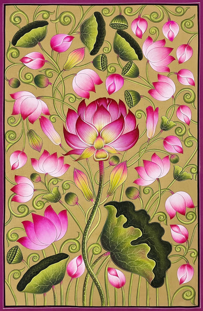 Kamal Talai Lotus Flower Artwork Hand Printed Painting Set of 2