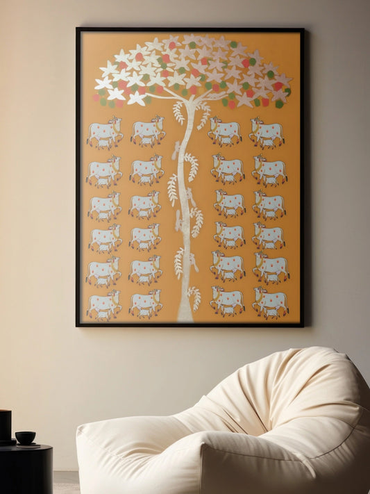 Pichwai Artwork Golden Tree with lots of cow Hand Printed Painting 36"x48"IN