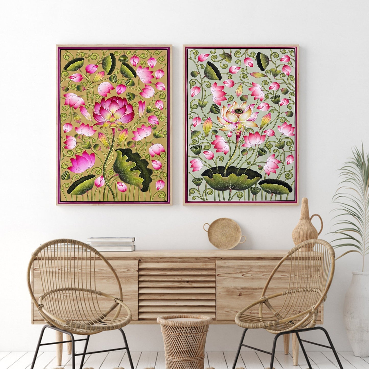 Kamal Talai Lotus Flower Artwork Hand Printed Painting Set of 2