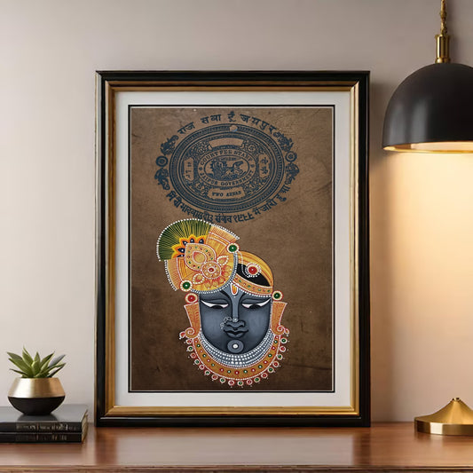 Lord Shree Nath JI Face on Old Jaipur Stamp Paper Artwork Wall Hanging